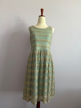 Cato Sleeveless Lace Dress in Aqua and Beige